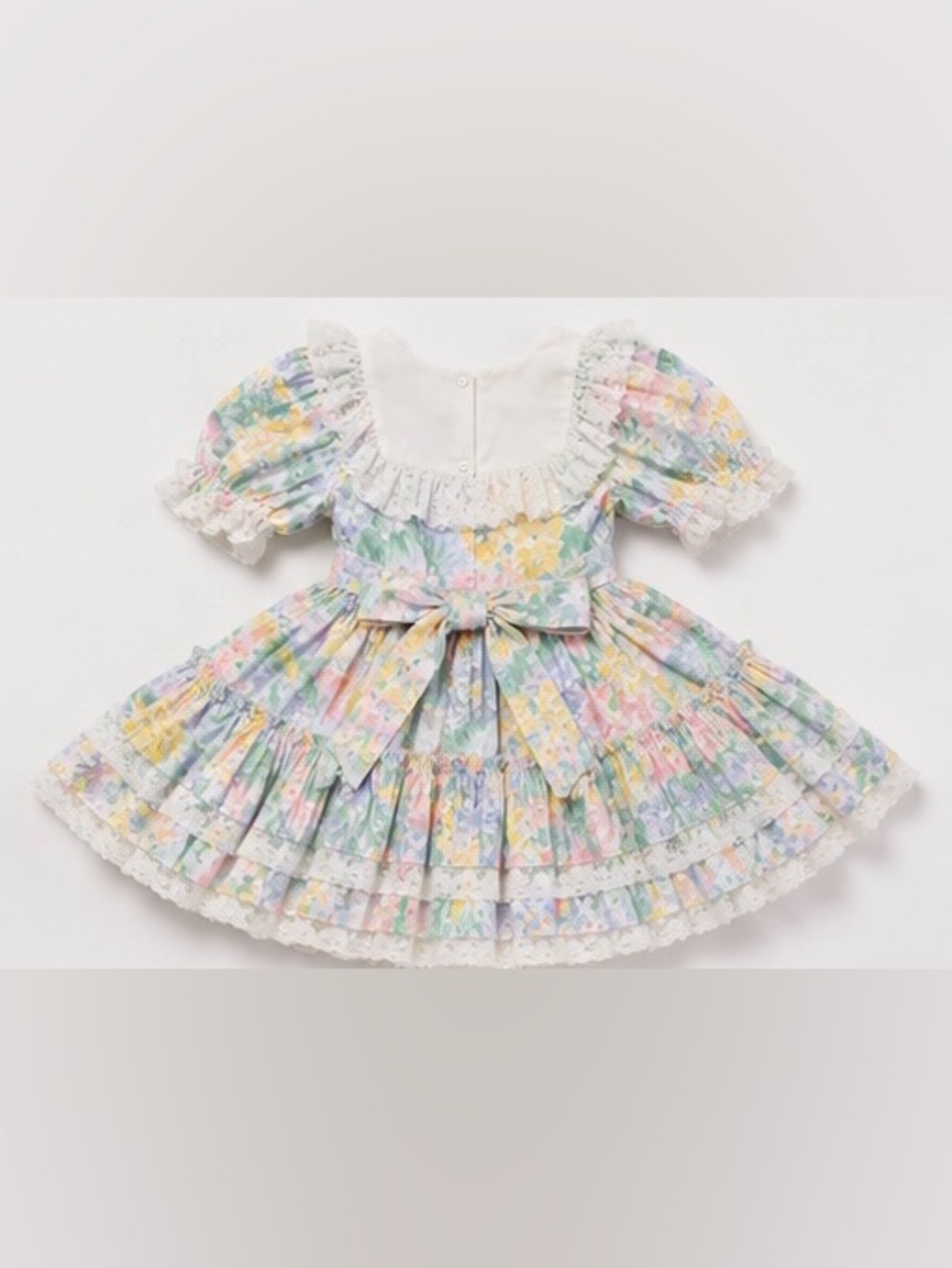 Pastel Floral Lace Dress with Ruffled Bib for Girls - Picture 3 of 4